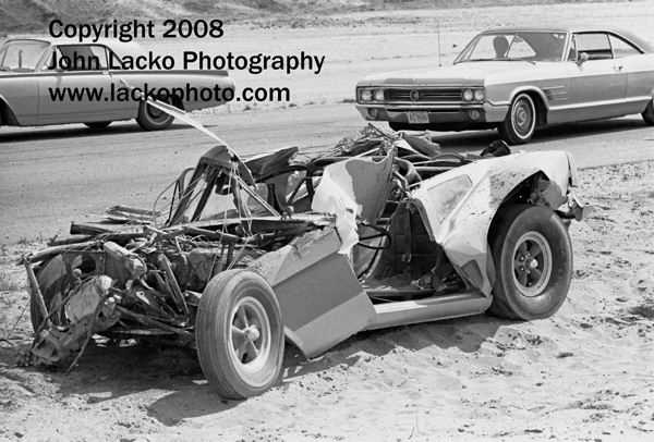 US-131 Motorsports Park - DICK BRANNANS 1966 AFX MUSTANG AFTER FLIPPING OVER MAY 1966 FROM JOHN A LACKO WWW LACKOPHOTO COM